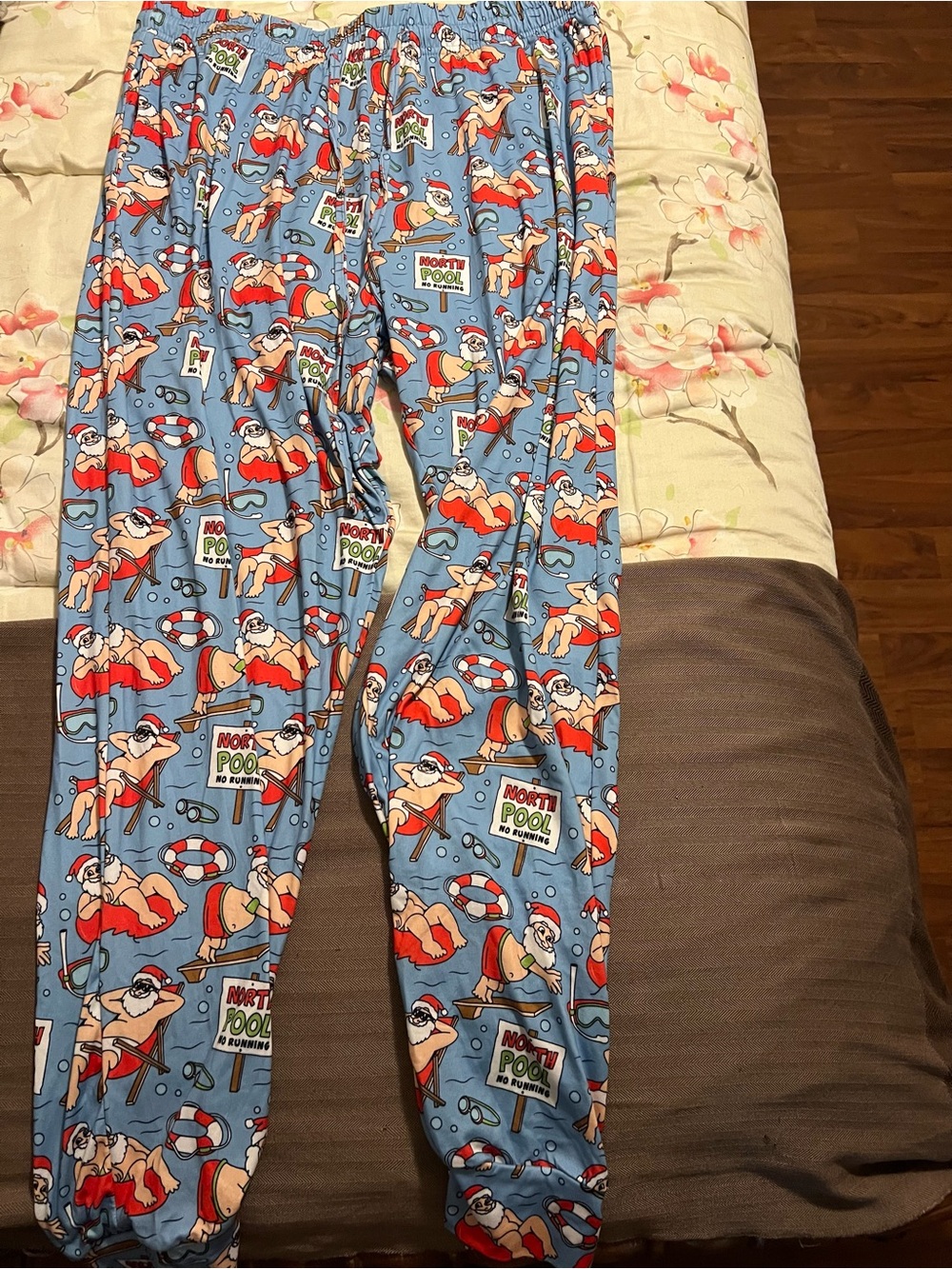 Christmas Pajama  Pants/NORTH POLE SANTA ON A RAFT / BLUE / Large